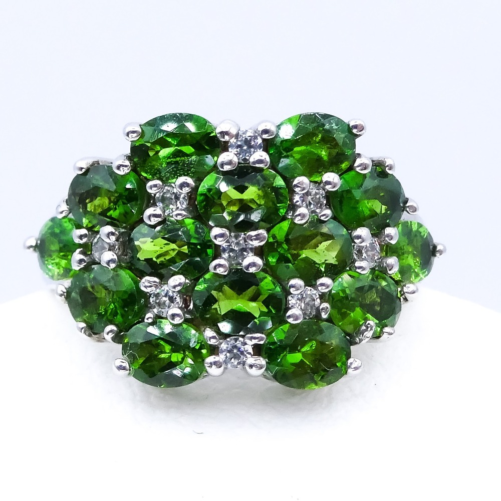 D'Joy Russian Diopside Zircon Cluster Platinum Plated Sterling Silver Ring Sz 5
